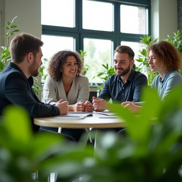 緑の植物に囲まれたモダンなオフィスで議論するチーム